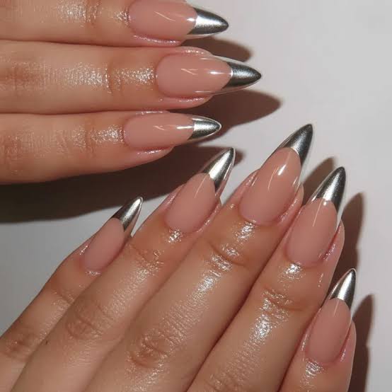 Almond Nude Beige Silver Chrome French Tips Almond Nude Beige Silver Chrome French Tips — Chrome French Tip Nails
