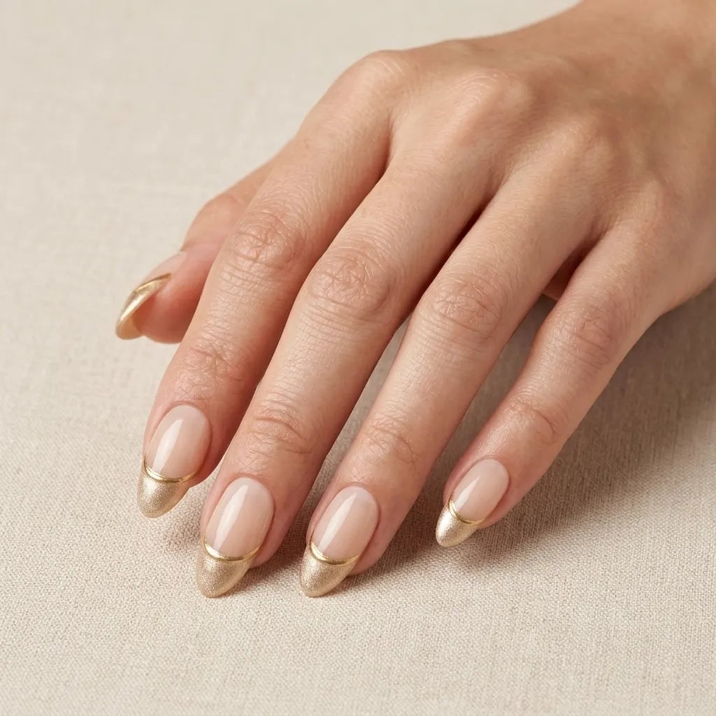 Almond Nude Beige Gold Chrome French Tip, миндаль Almond Nude Beige Gold Chrome French Tip, миндаль — Chrome French Tip Nails