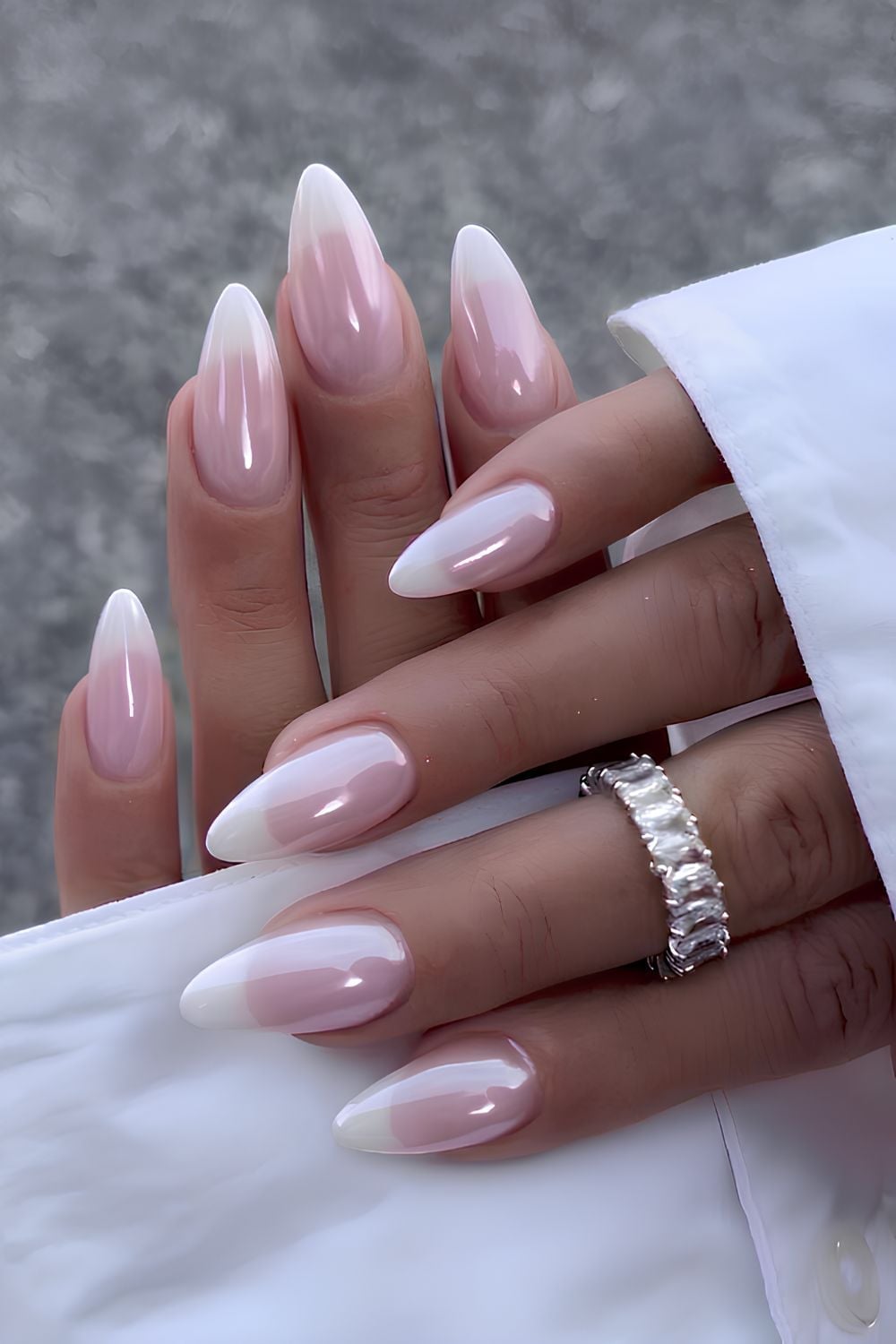 Medium Almond Nude Chrome French With Scattered Rhinestones, Glossy Medium Almond Nude Chrome French With Scattered Rhinestones, Glossy — Chrome French Tip Nails