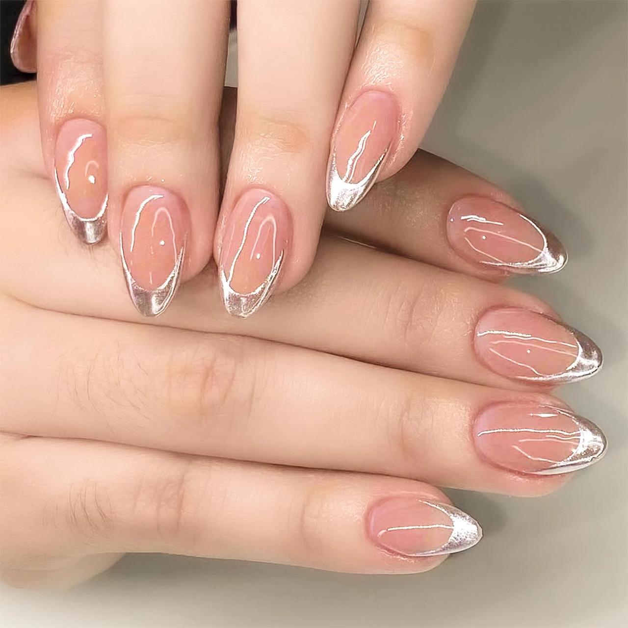 Medium Almond Nude Thin Silver Chrome Lines Medium Almond Nude Thin Silver Chrome Lines — Chrome French Tip Nails