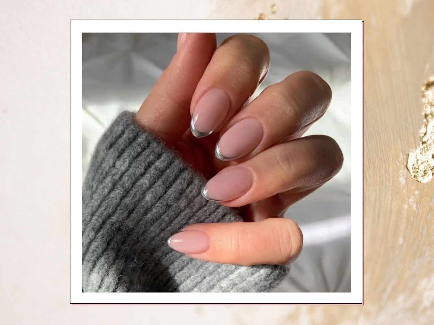 Medium Almond Nude Thin Silver Chrome French Tip, Office-Safe Version Medium Almond Nude Thin Silver Chrome French Tip, Office-Safe Version — Chrome French Tip Nails