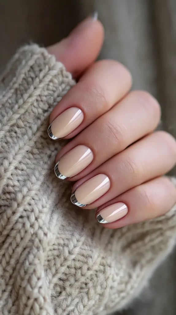 Short Oval Nude Thin Silver Chrome Line Short Oval Nude Thin Silver Chrome Line — Chrome French Tip Nails