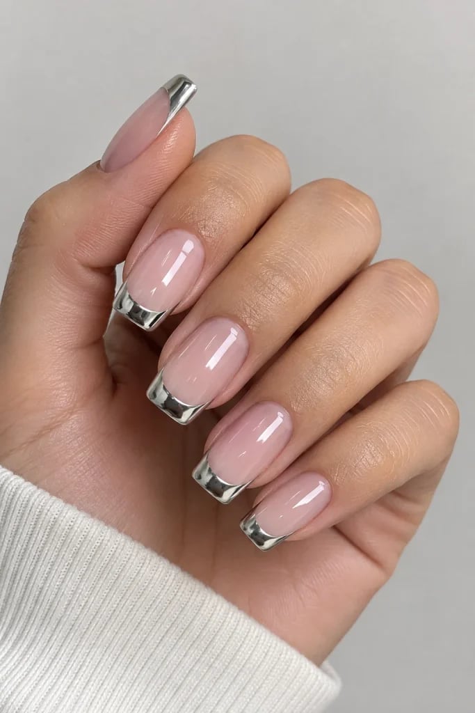 Short Square Sheer Nude Double Silver Chrome Tips Short Square Sheer Nude Double Silver Chrome Tips — Chrome French Tip Nails