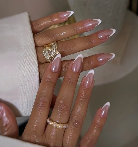 Medium Almond Milky Pink White French Tip, A Crisp Medium Almond Milky Pink White French Tip, A Crisp — Chrome French Tip Nails