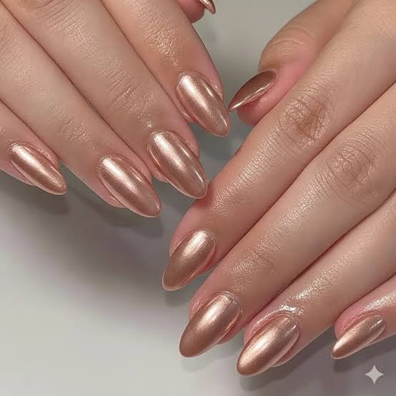 Uniform Rose Gold Chrome Medium Oval Nails Uniform Rose Gold Chrome Medium Oval Nails — Chrome Nails