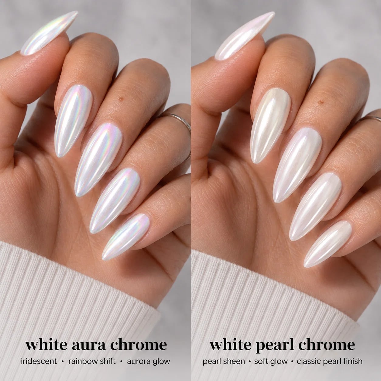 White Iridescent Aura Chrome Medium Almond Nails White Iridescent Aura Chrome Medium Almond Nails — Chrome Nails