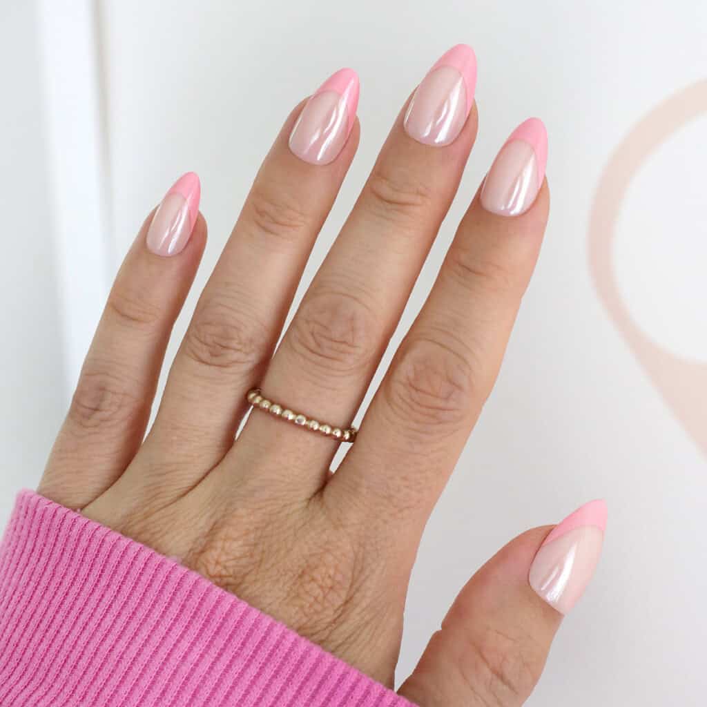 Sheer Nude Pink French Tip Pearlescent Chrome Medium Almond Nails Sheer Nude Pink French Tip Pearlescent Chrome Medium Almond Nails — Chrome Nails