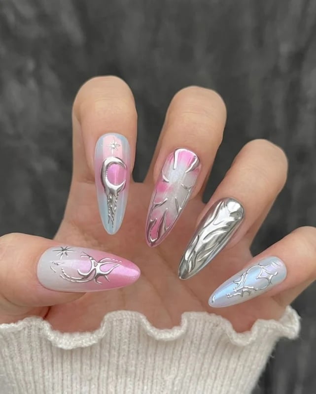 Long Almond Chrome Aurora Pink Blue Silver Moon Stars Flames Long Almond Chrome Aurora Pink Blue Silver Moon Stars Flames — Chrome Nails