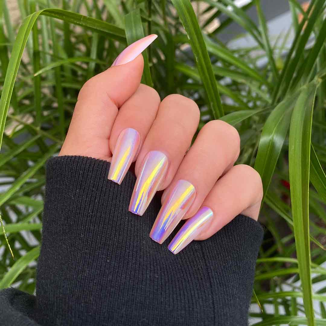 Teal Iridescent Rainbow Effect Chrome Long Coffin Nails Teal Iridescent Rainbow Effect Chrome Long Coffin Nails — Chrome Nails