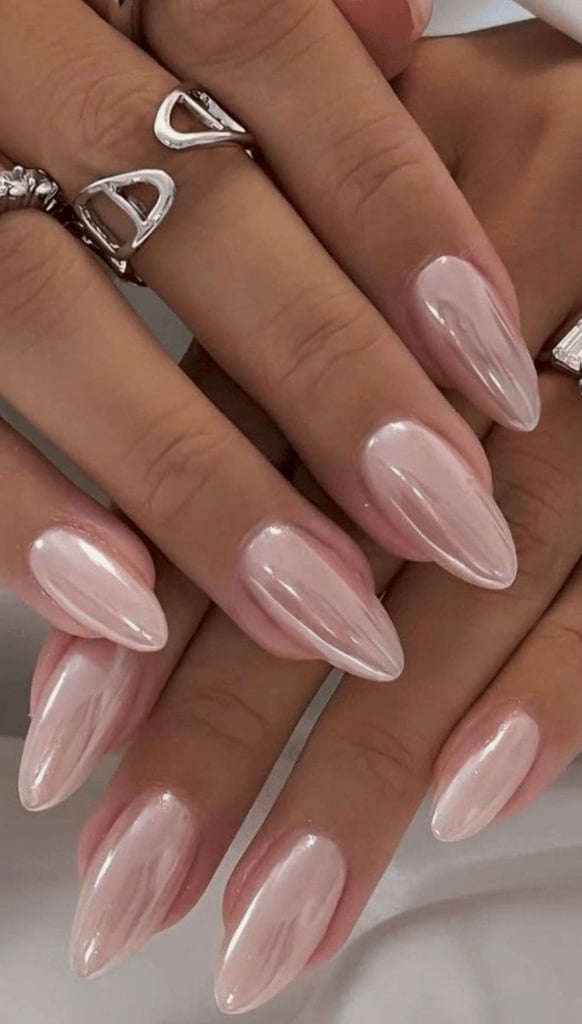 Sheer Milky Pink Pearlescent Chrome Nails Sheer Milky Pink Pearlescent Chrome Nails — Chrome Nails Colors