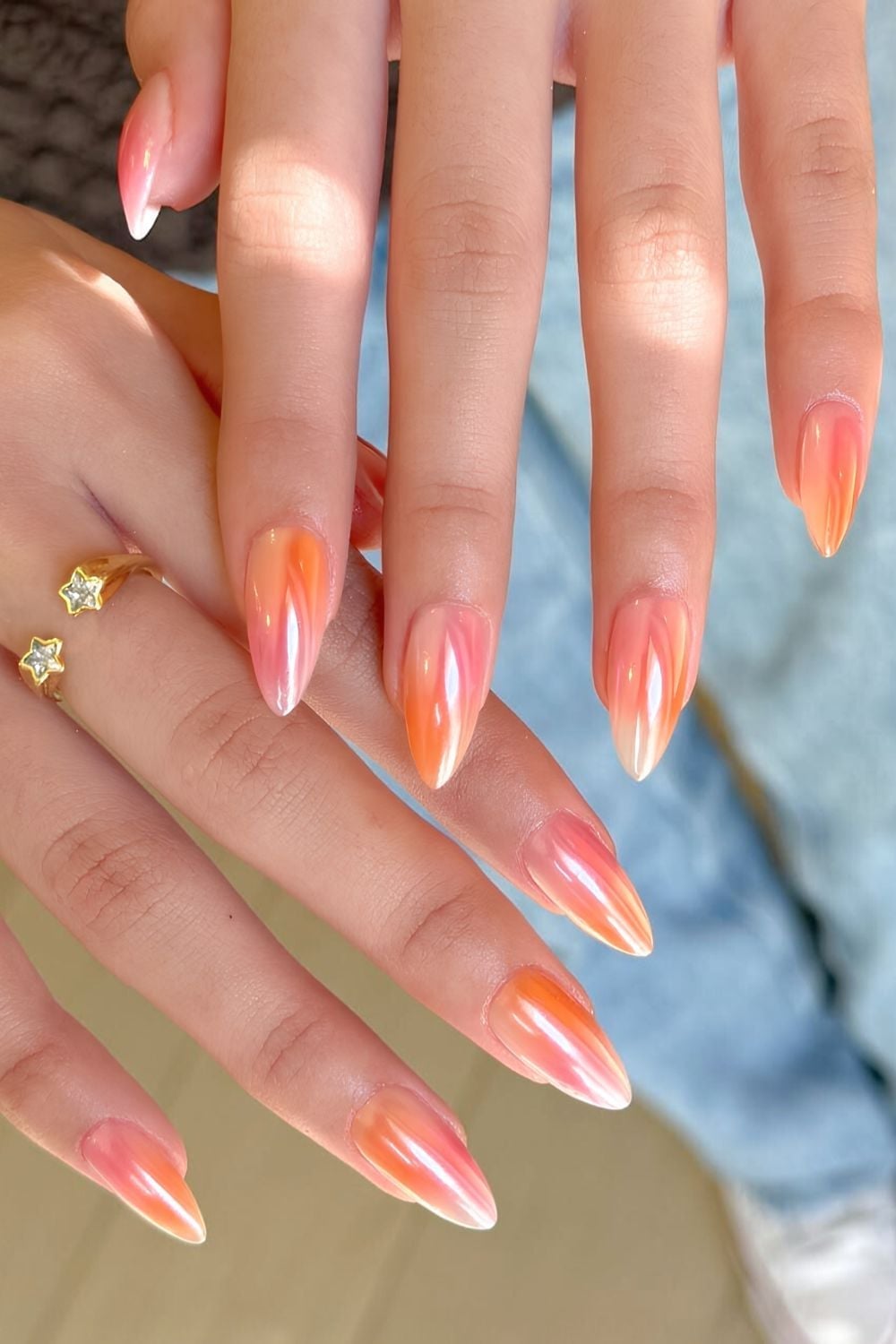 Orange Pink Yellow Gradient Chrome Stiletto Nails Orange Pink Yellow Gradient Chrome Stiletto Nails — Chrome Nails Colors
