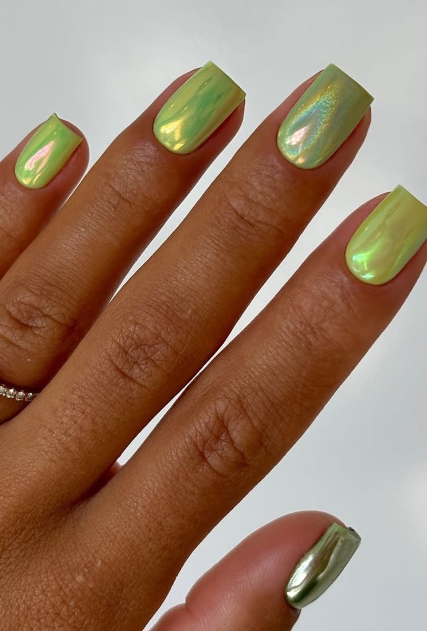 Lime Green Yellow Undertone Chrome Square Nails Lime Green Yellow Undertone Chrome Square Nails — Chrome Nails Colors