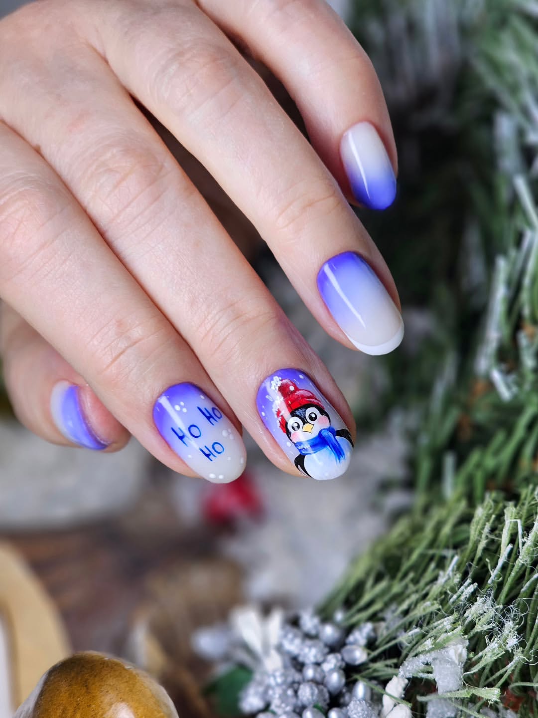 Chubby Penguin Christmas Ombre Nails