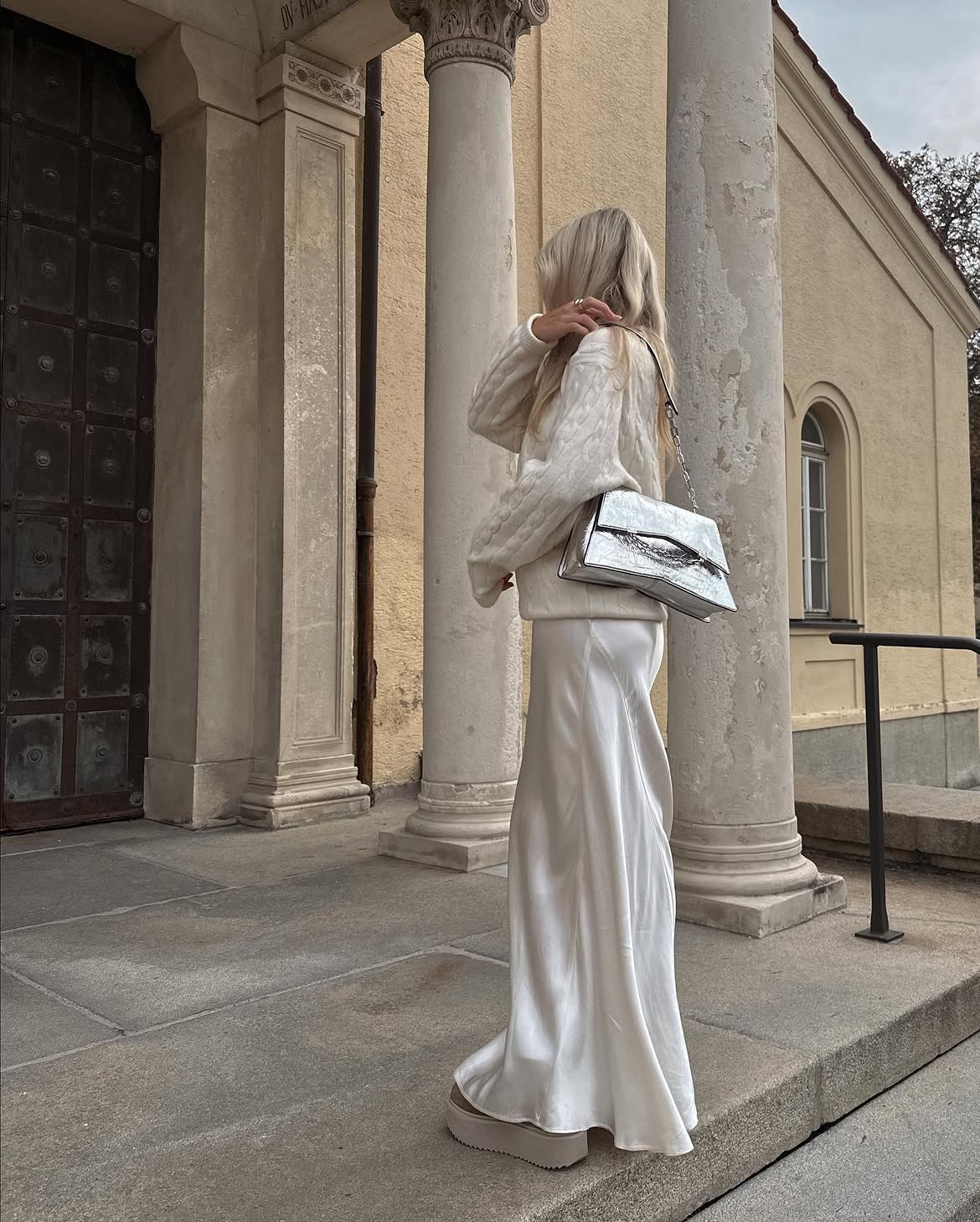 Chunky Cable Knit Sweater With Satin Maxi Skirt