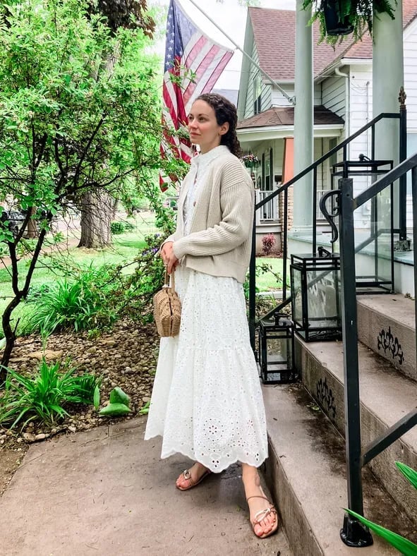 White eyelet midi dress with beige cardigan White eyelet midi dress with beige cardigan — Church Outfits