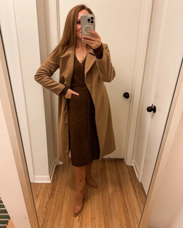 Brown knit midi dress with camel coat Brown knit midi dress with camel coat — Church Outfits