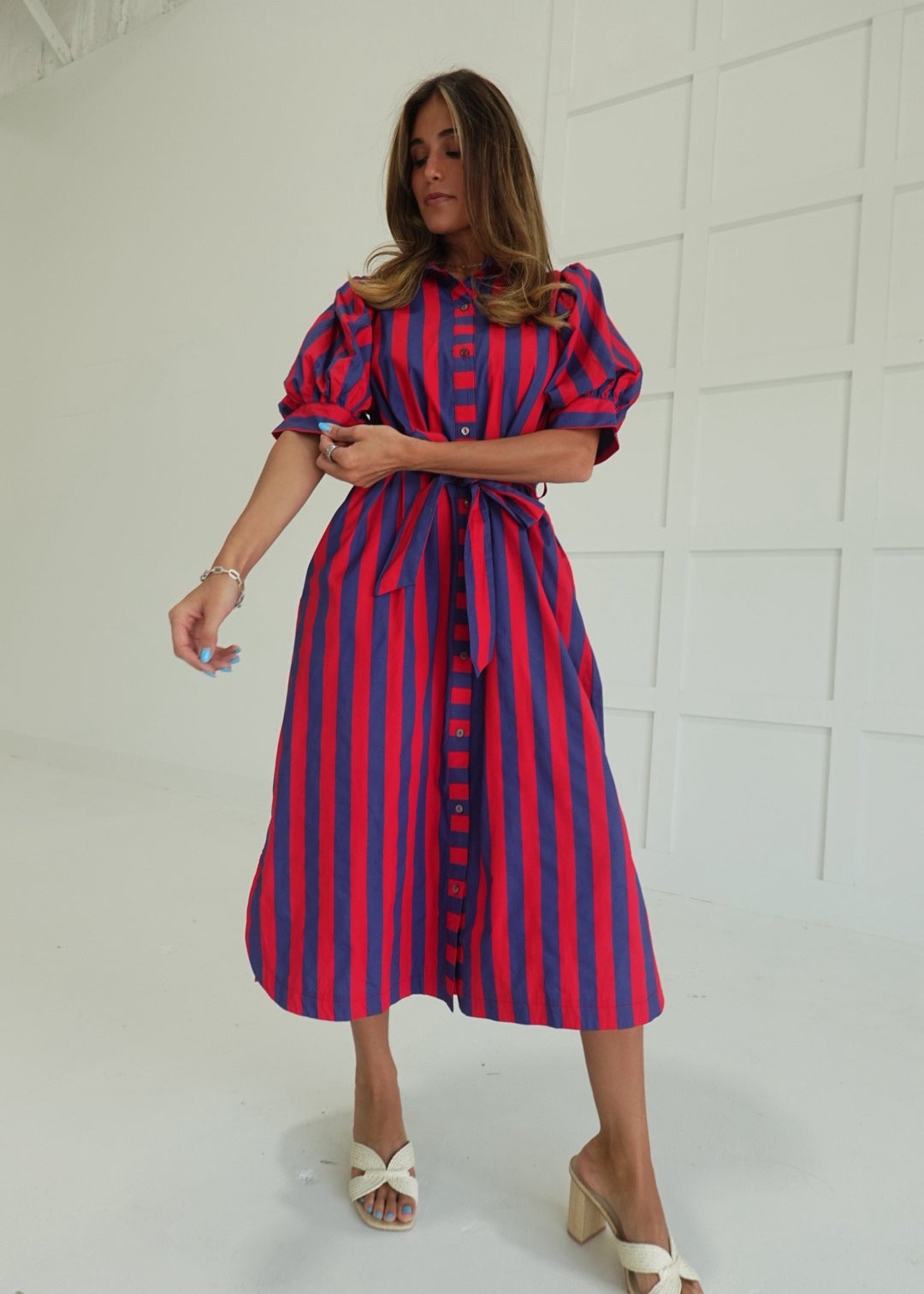Striped midi shirt dress with puff sleeves Striped midi shirt dress with puff sleeves — Church Outfits