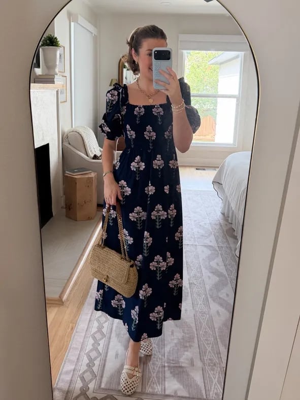 Navy floral midi dress with puff sleeves Navy floral midi dress with puff sleeves — Church Outfits