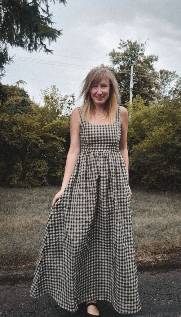 Black and white gingham maxi dress with flat shoes, Cotton Blend Black and white gingham maxi dress with flat shoes, Cotton Blend — Church Outfits