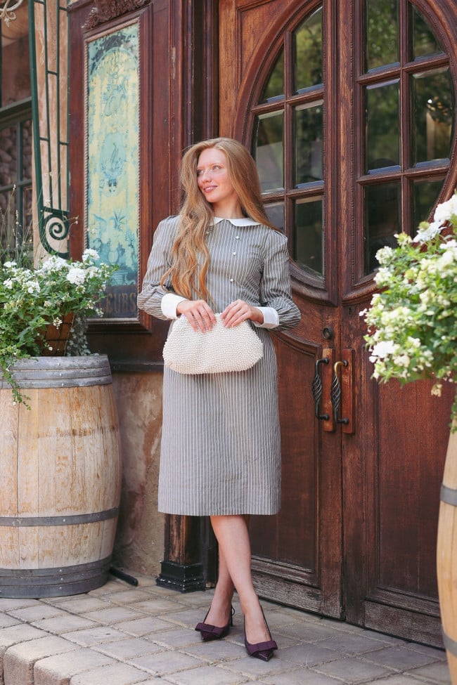 Gray pinstripe midi dress with white collar and cuffs Gray pinstripe midi dress with white collar and cuffs — Church Outfits