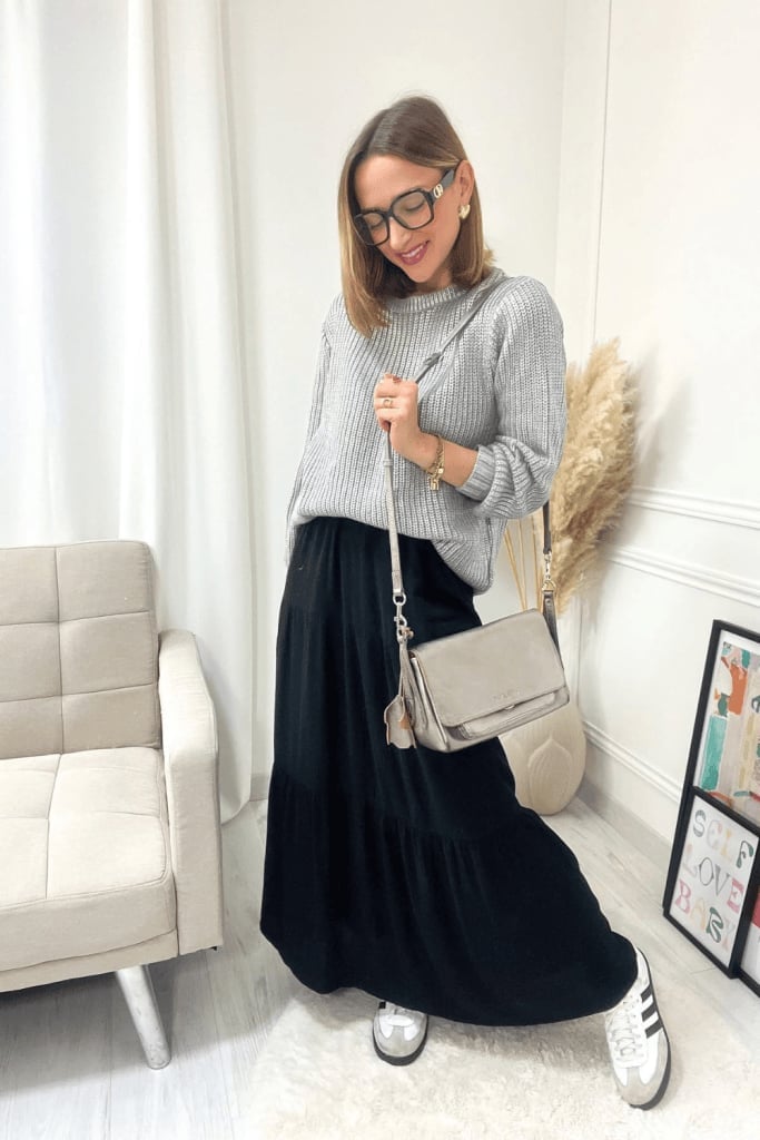 Gray knit sweater over black tiered maxi skirt Gray knit sweater over black tiered maxi skirt — Church Outfits