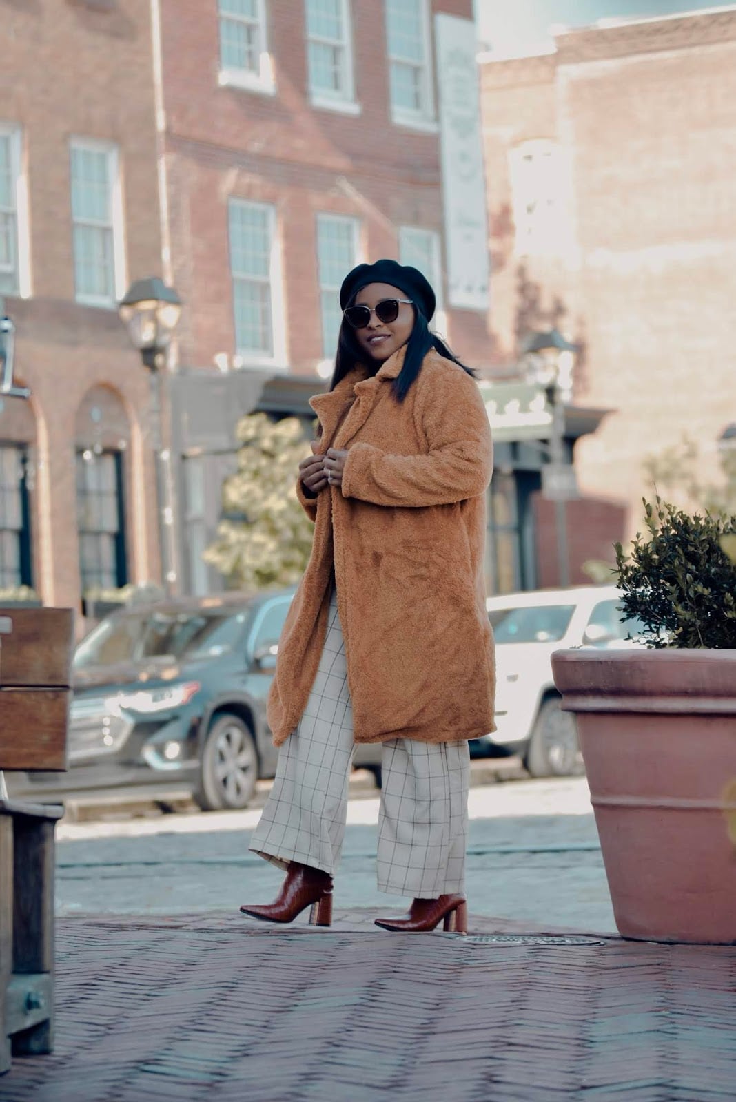 Camel teddy coat over plaid wide leg pants Camel teddy coat over plaid wide leg pants — Church Outfits