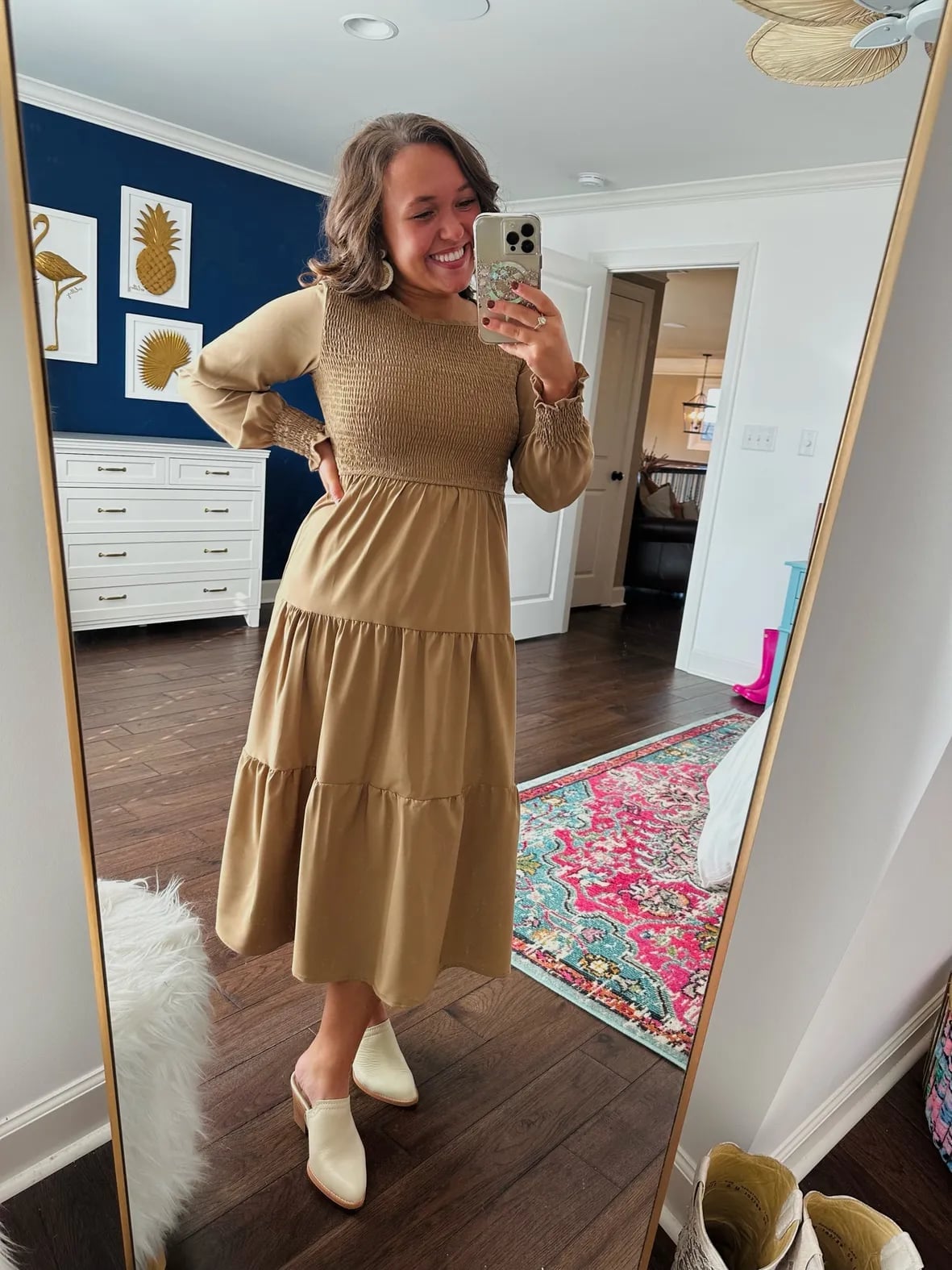 Camel tiered midi dress with smocked bodice Camel tiered midi dress with smocked bodice — Church Outfits