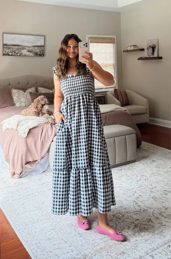 Gingham check tiered maxi dress with smocked bodice Gingham check tiered maxi dress with smocked bodice — Church Outfits