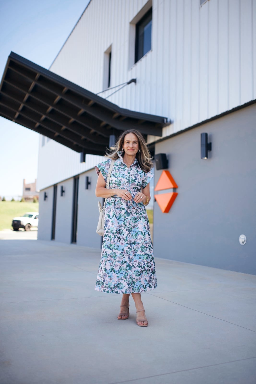 Floral print shirt dress with nude sandals Floral print shirt dress with nude sandals — Church Outfits