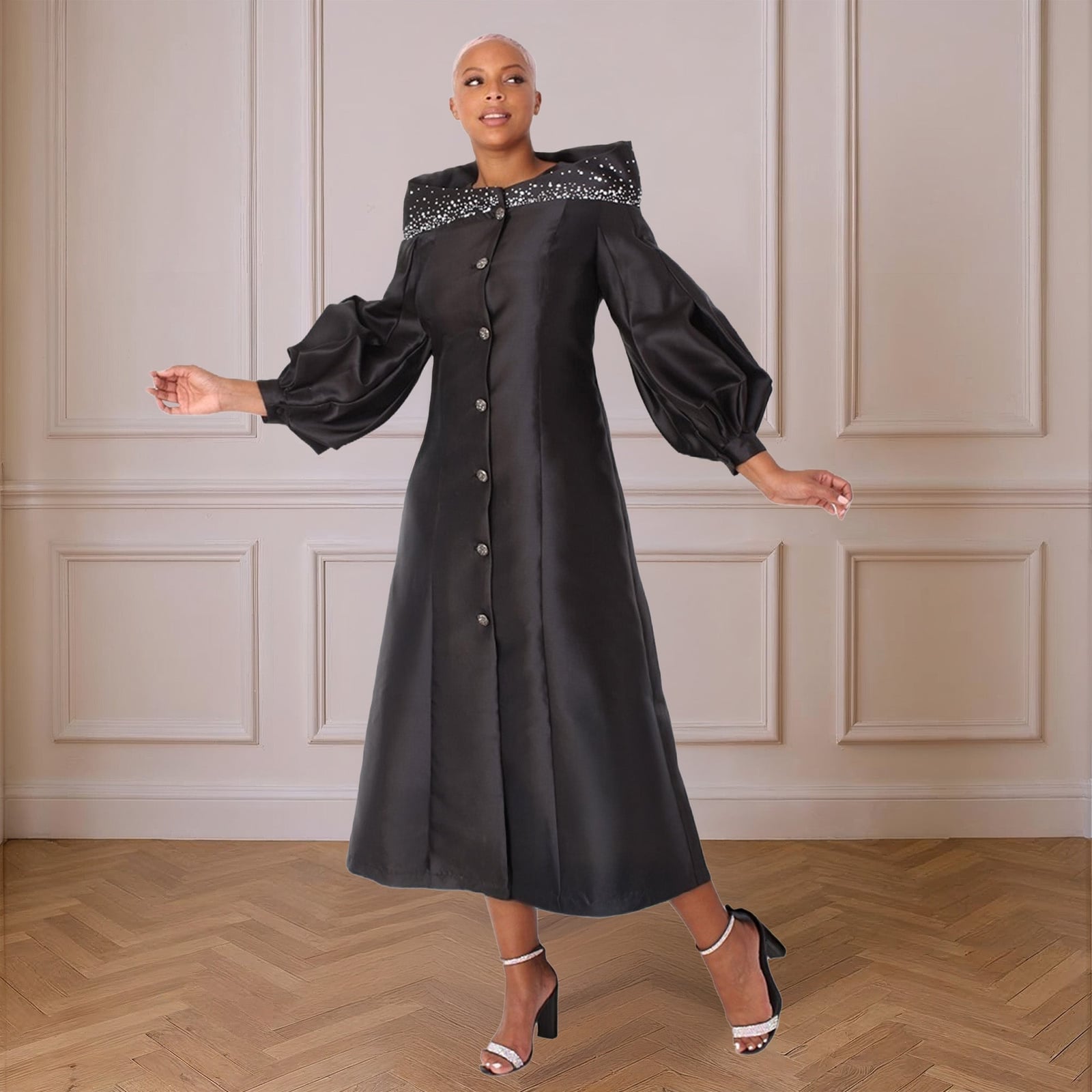 Black satin fit-and-flare dress with puffed sleeves Black satin fit-and-flare dress with puffed sleeves — Church Outfits Black Women