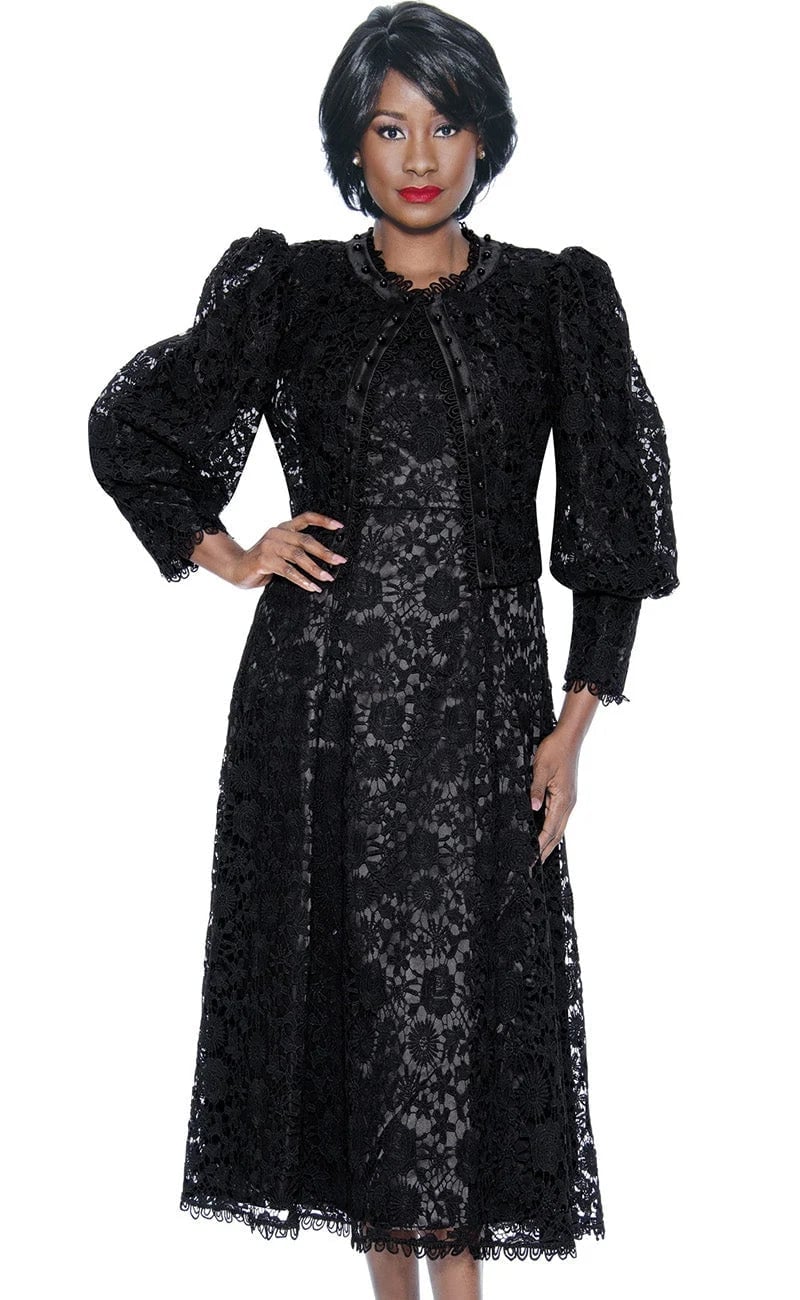 Black lace dress with puff sleeve bolero jacket Black lace dress with puff sleeve bolero jacket — Church Outfits Black Women