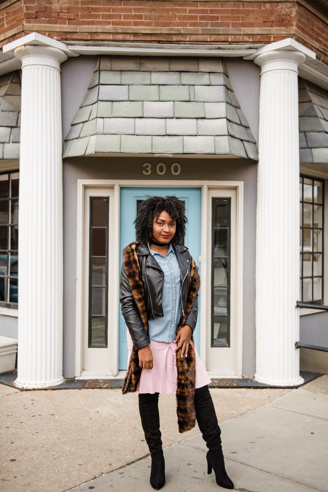Black leather jacket over denim shirt with pink skirt Black leather jacket over denim shirt with pink skirt — Church Outfits Black Women