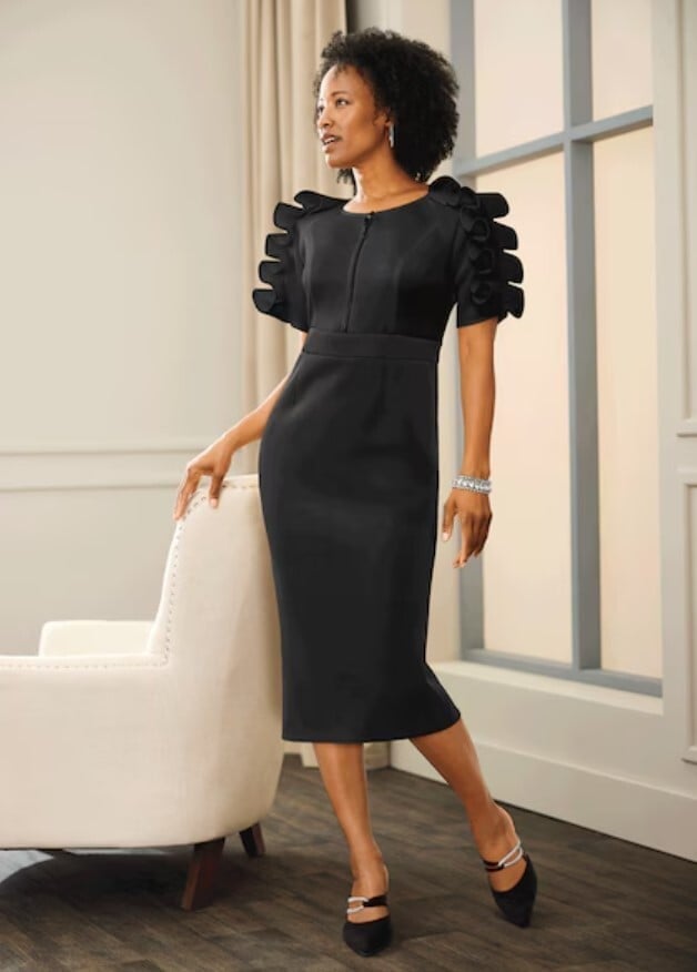 Sheath midi dress with ruffled short sleeves and embellished heels Sheath midi dress with ruffled short sleeves and embellished heels — Church Outfits Black Women
