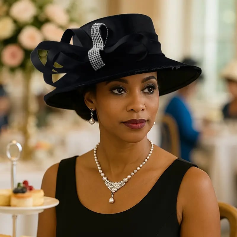 Black sleeveless dress with ornate church hat Black sleeveless dress with ornate church hat — Church Outfits Black Women