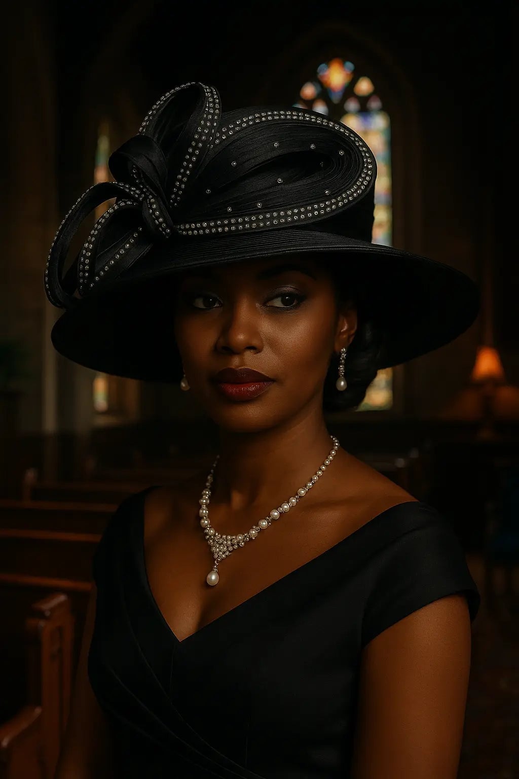 Off-the-shoulder black dress with wide-brimmed hat Off-the-shoulder black dress with wide-brimmed hat — Church Outfits Black Women