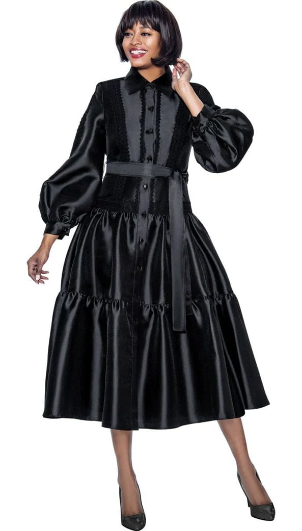Black satin shirt dress with lace trim and puff sleeves Black satin shirt dress with lace trim and puff sleeves — Church Outfits Black Women