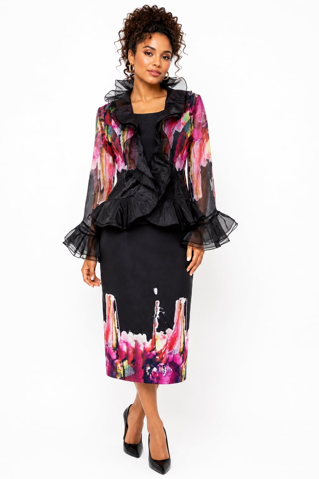 Floral print sheath dress with ruffled organza jacket Floral print sheath dress with ruffled organza jacket — Church Outfits Black Women