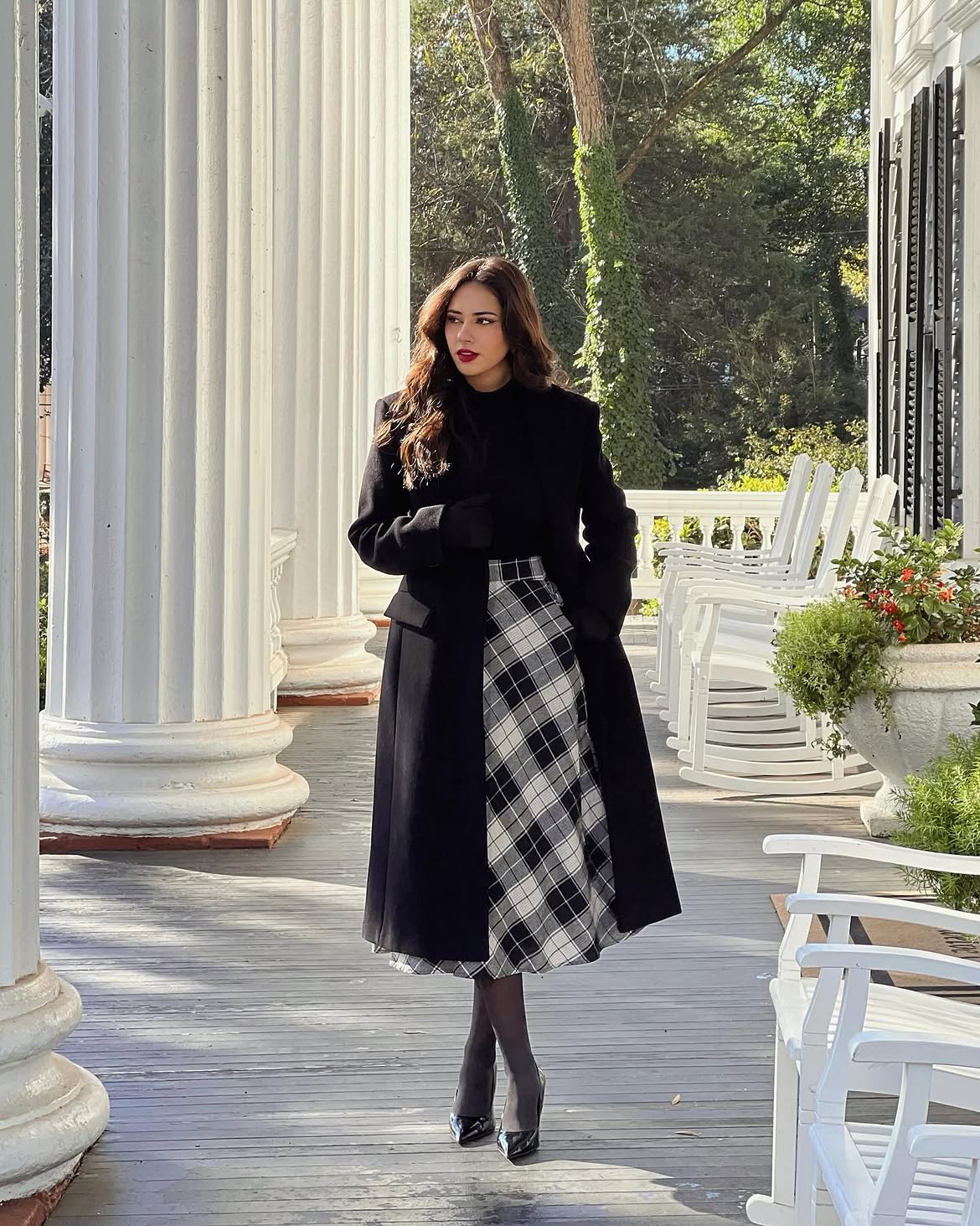 Classic Black Coat And Plaid Midi Skirt Winter Look