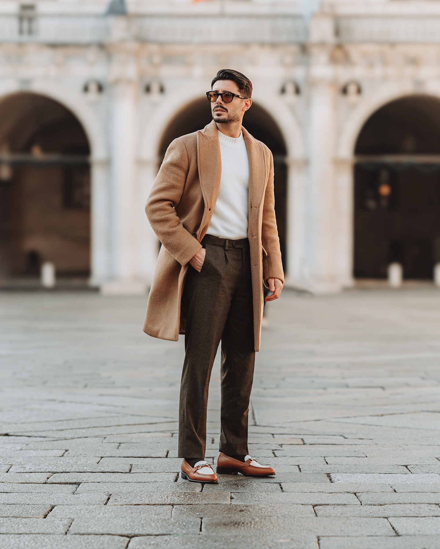 Classic Camel Coat And Tweed Trousers Ensemble