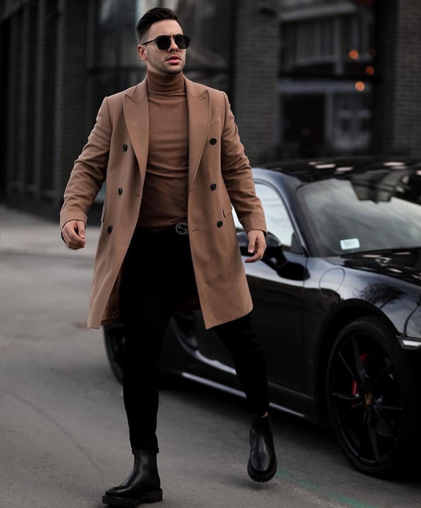 Classic Camel Coat With Monochromatic Turtleneck Ensemble
