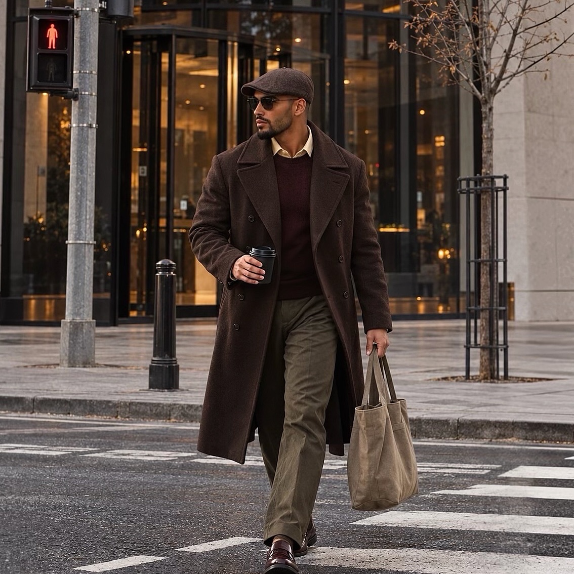 Classic Double-Breasted Coat With Olive Trousers