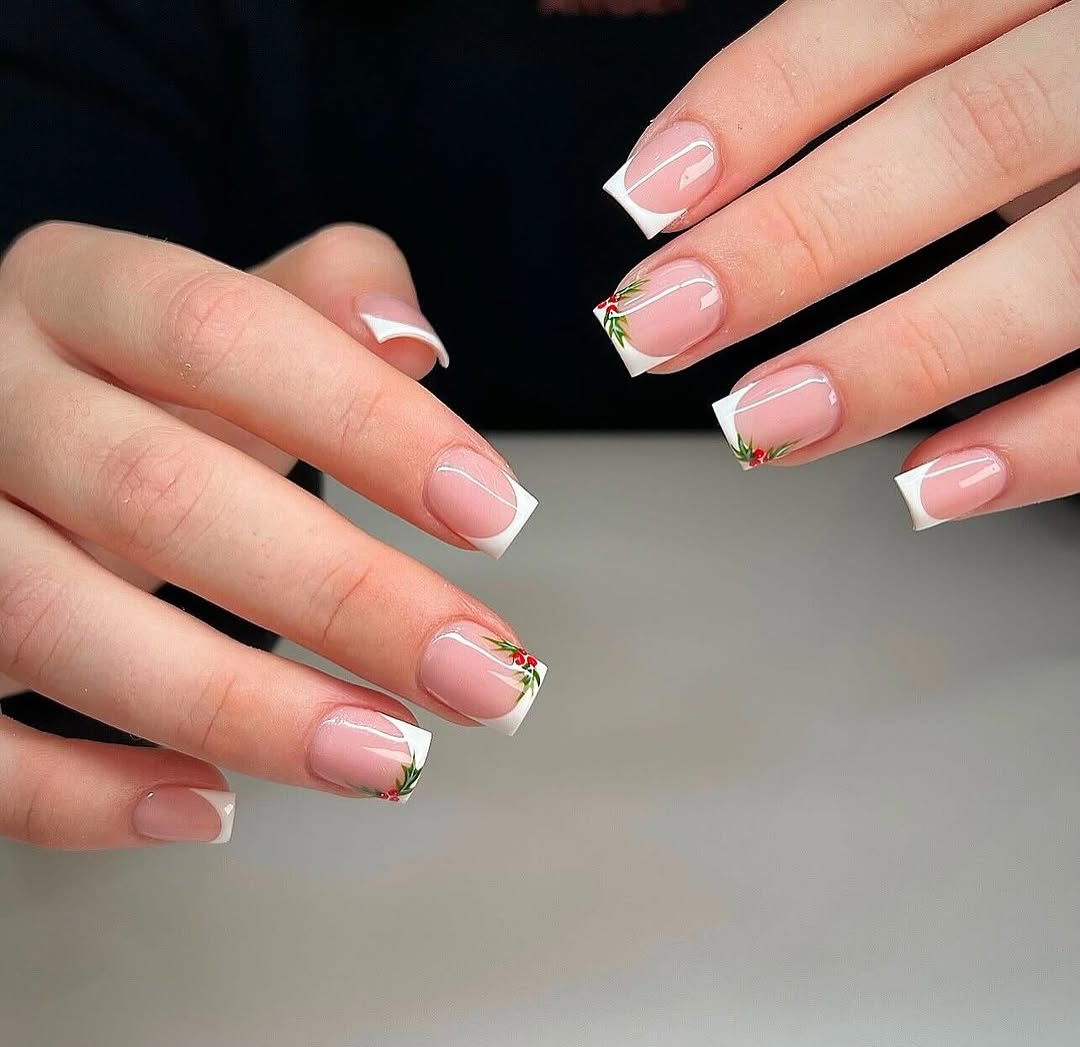 Classic French Tips with Christmas Holly Accent