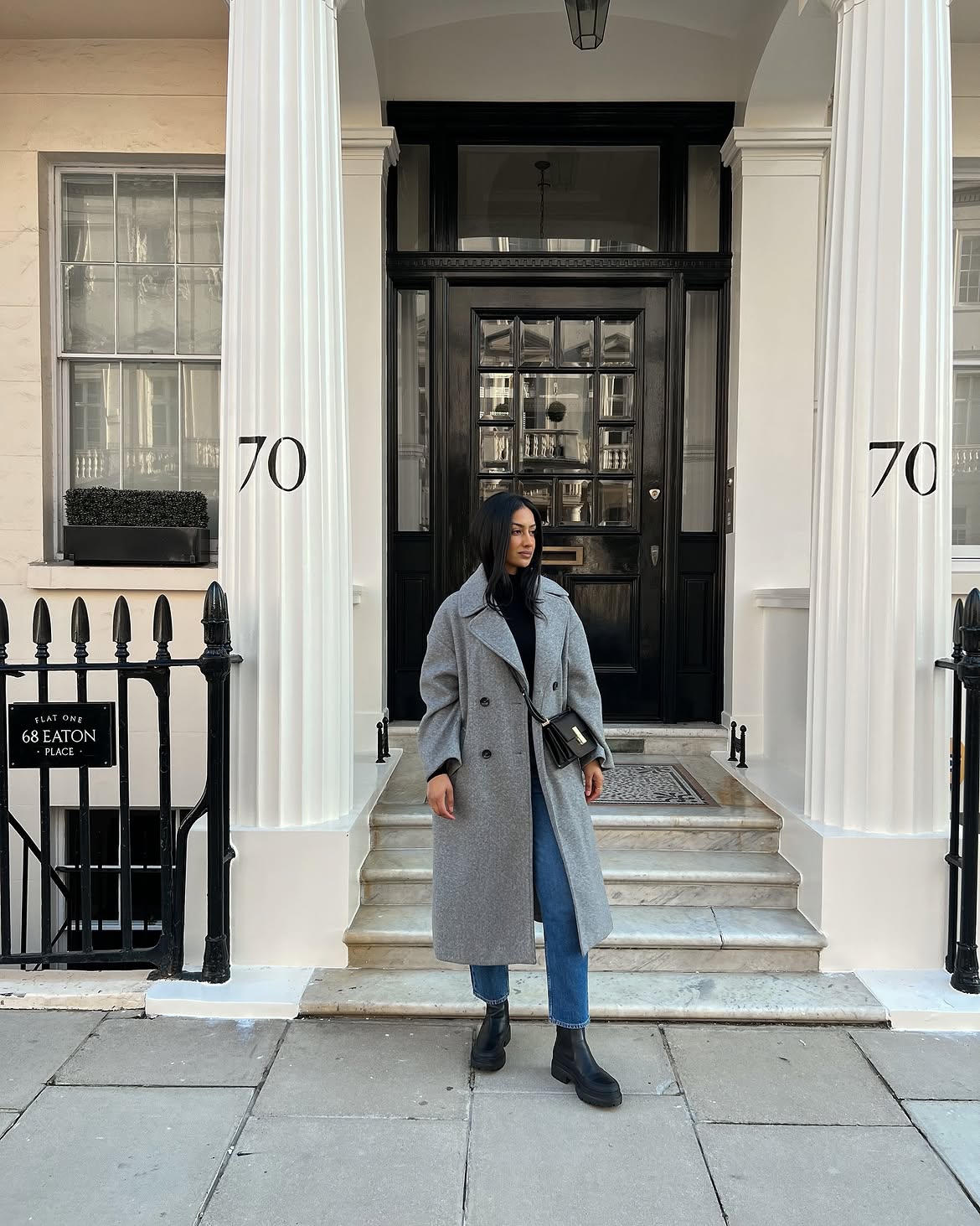 Classic Grey Wool Coat With Blue Jeans
