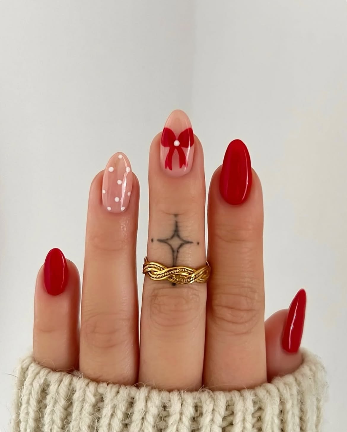 Classic Red Bow Accent French Tip Nails