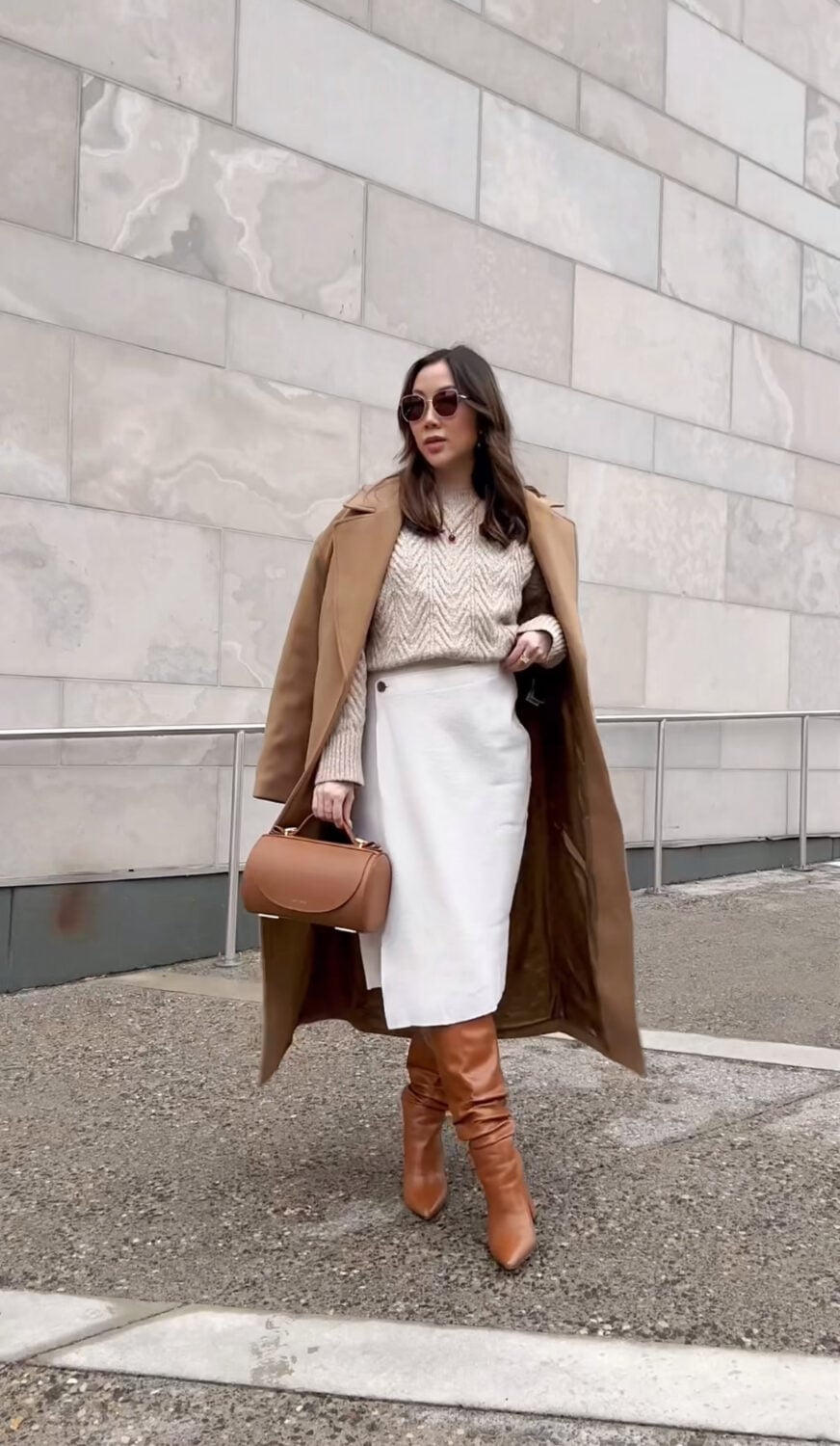 Camel coat over cream sweater and white skirt Camel coat over cream sweater and white skirt — Classy Outfits