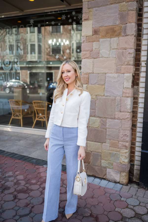Cropped textured jacket with striped trousers Cropped textured jacket with striped trousers — Classy Outfits