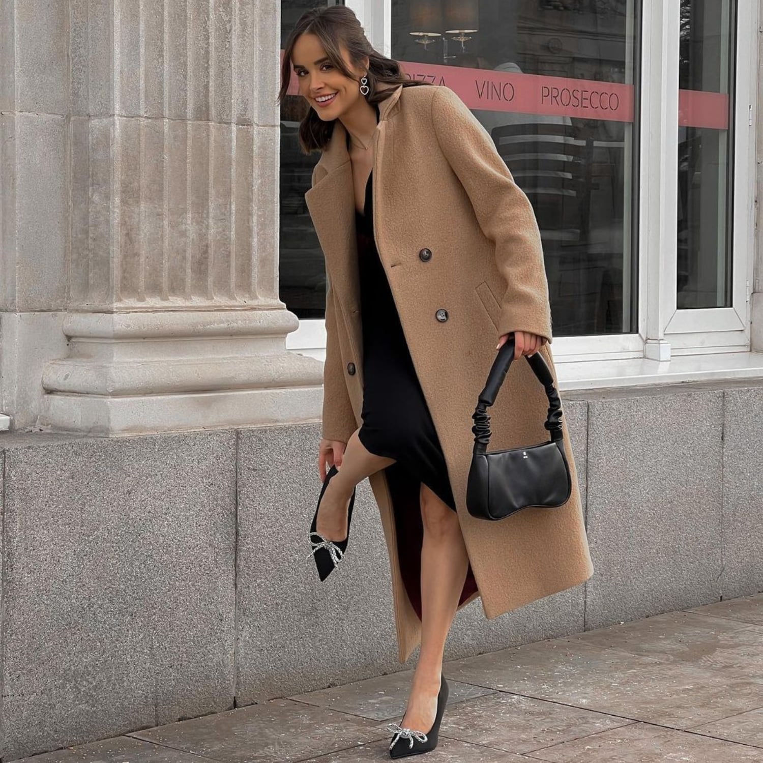 Camel coat over black slip dress and jeweled heels Camel coat over black slip dress and jeweled heels — Classy Outfits