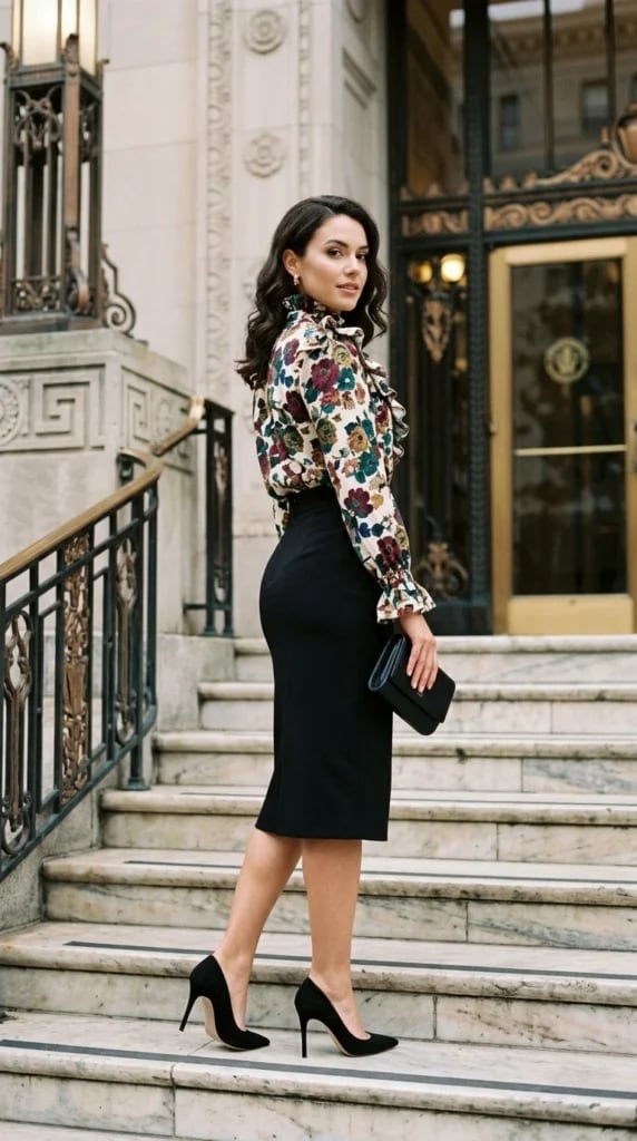 Floral ruffled blouse with black pencil skirt Floral ruffled blouse with black pencil skirt — Classy Outfits