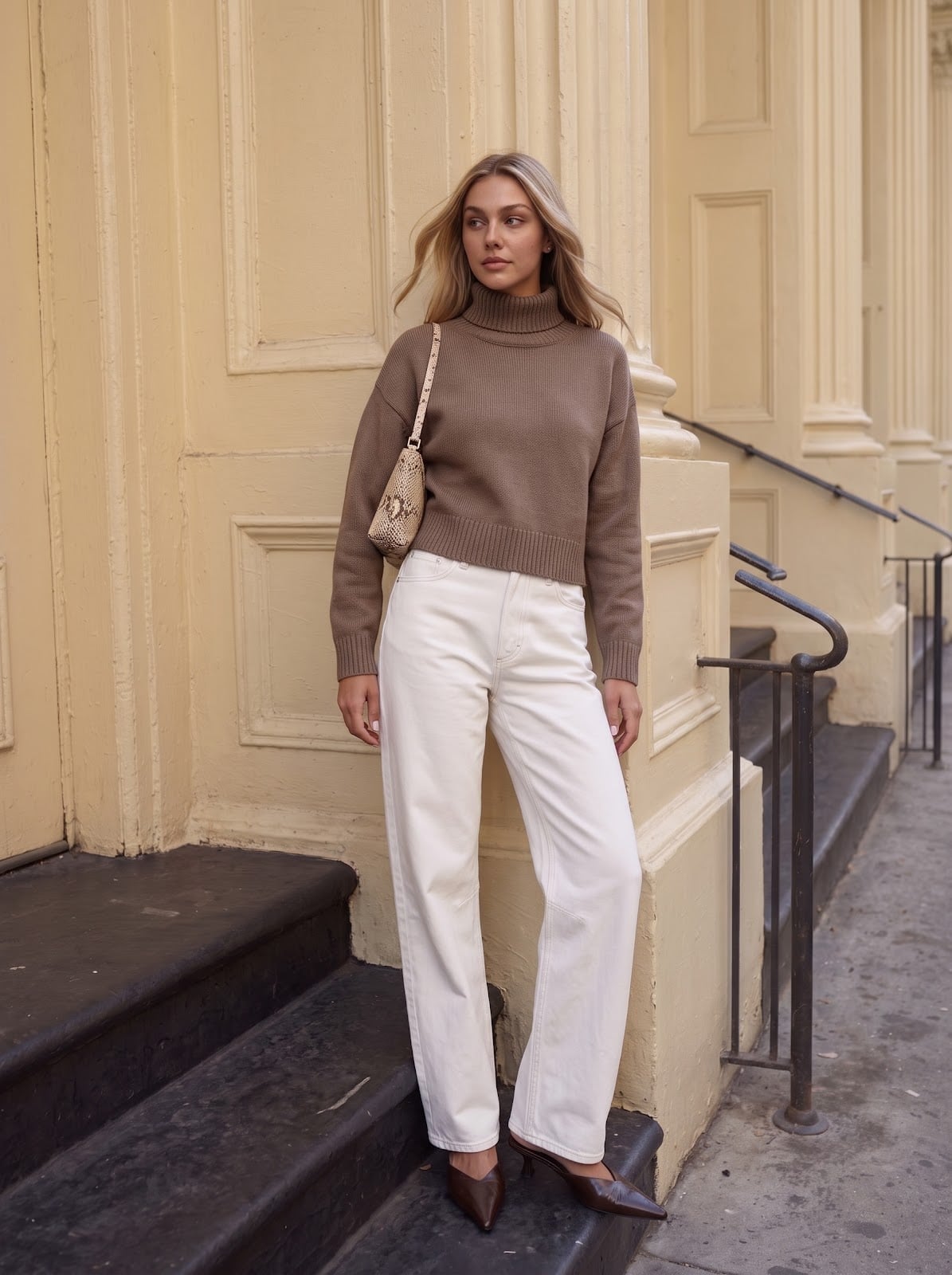 Brown turtleneck with cream wide leg jeans Brown turtleneck with cream wide leg jeans — Classy Outfits