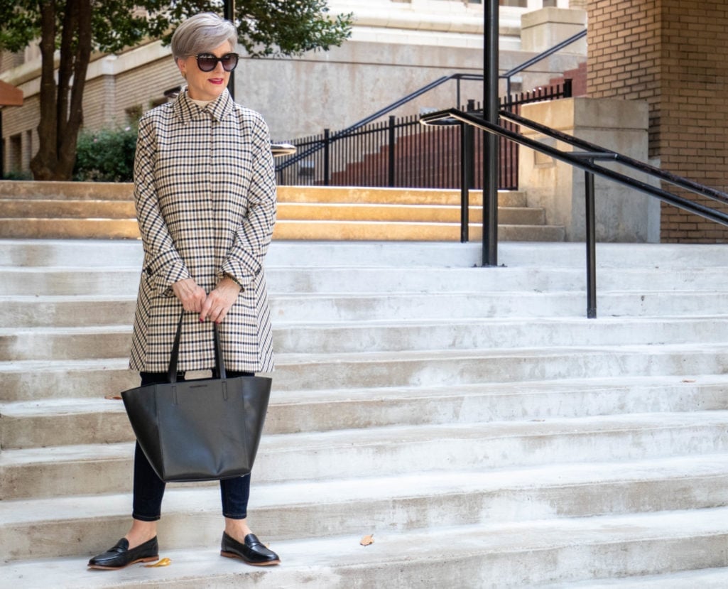 Checked coat over slim trousers and loafers Checked coat over slim trousers and loafers — Classy Outfits